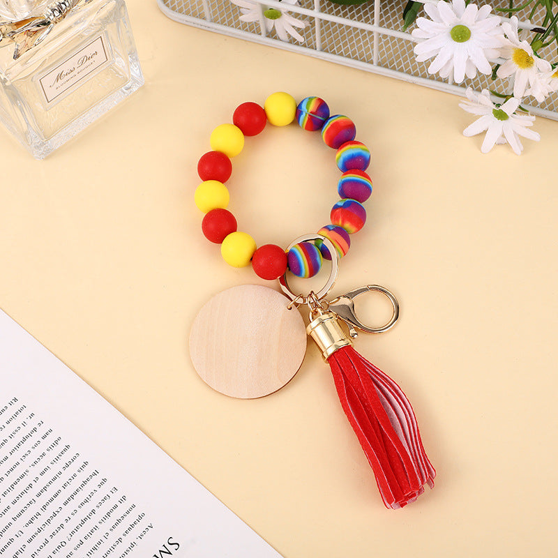 Wholesale Colorful Food Grade Silicone Beech Wood Beads Bracelet Keychain